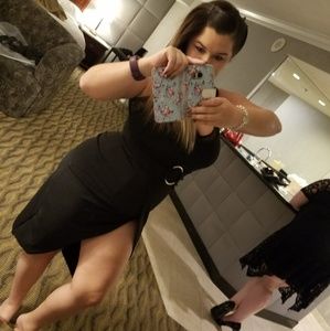 SEXY Little Black Dress, thigh slit, silver hoop